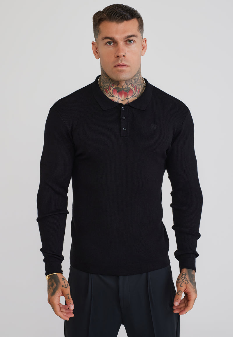 Black LS Knitted Polo T-Shirt