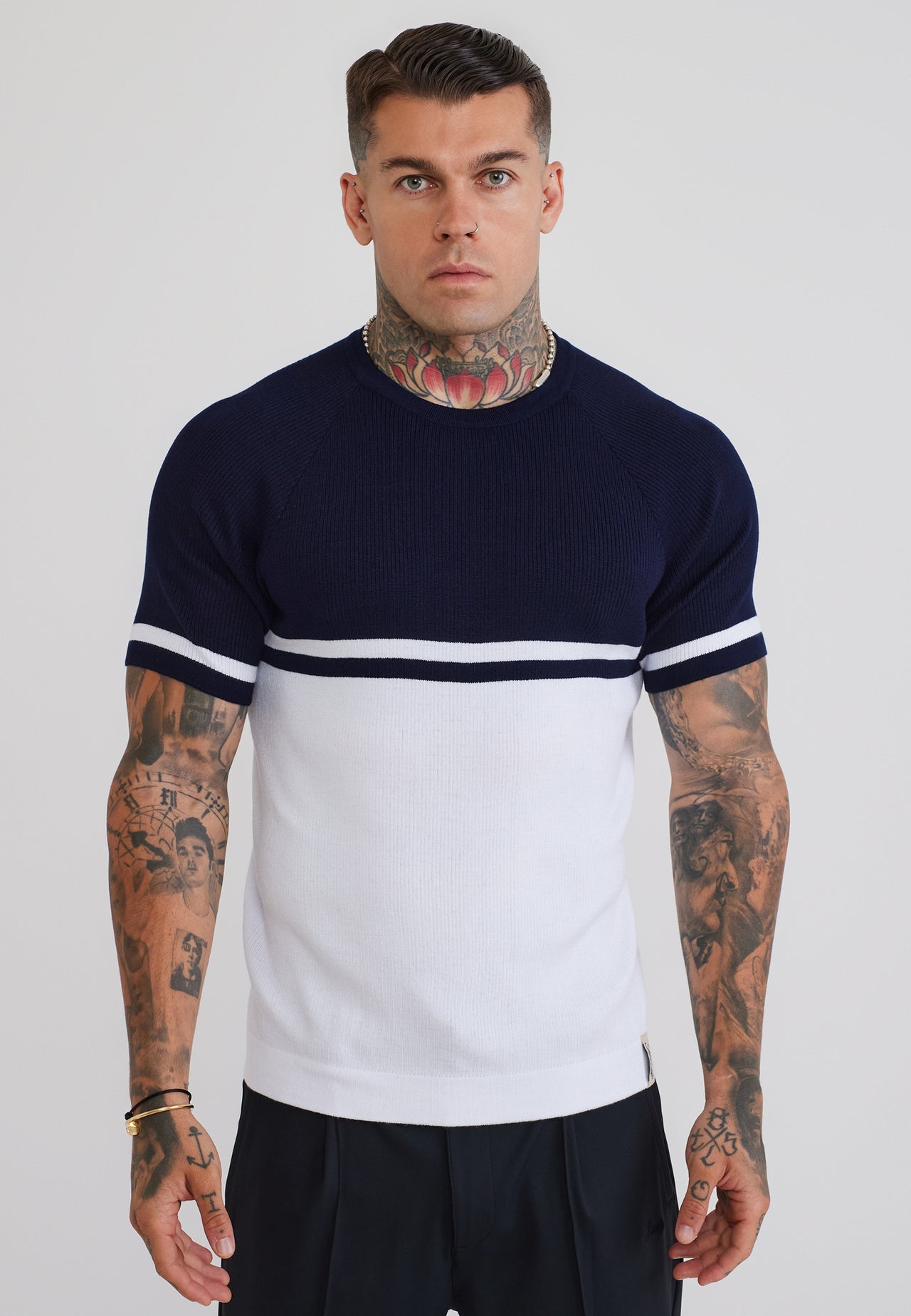 Navy and White Knitted T-Shirt