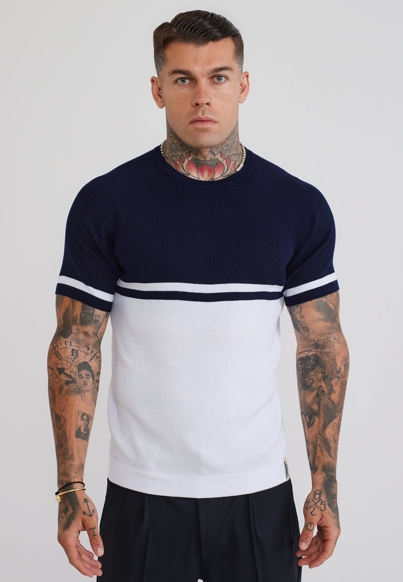 Navy and White Knitted T-Shirt