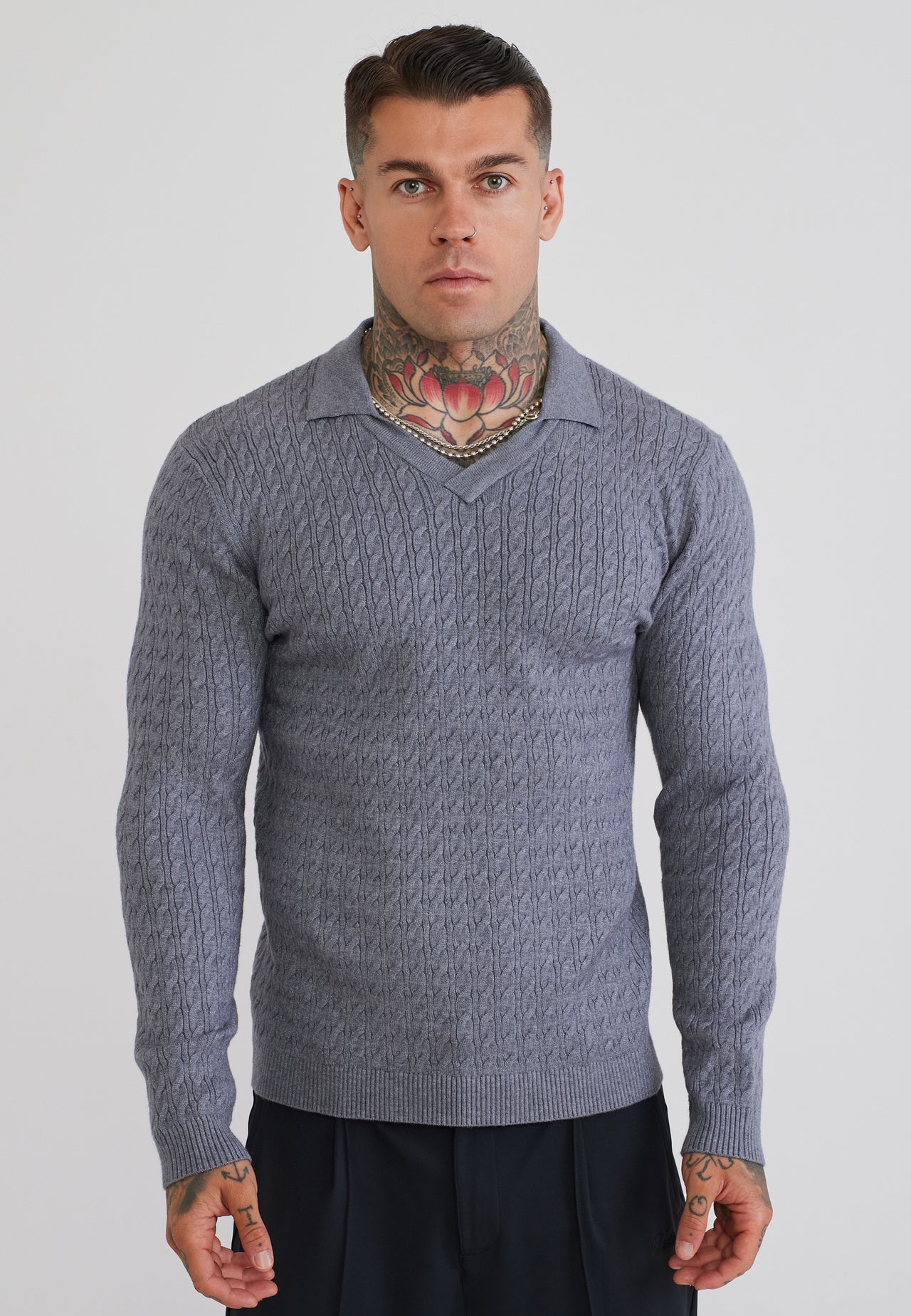 Grey Marl LS Knitted Polo T-Shirt