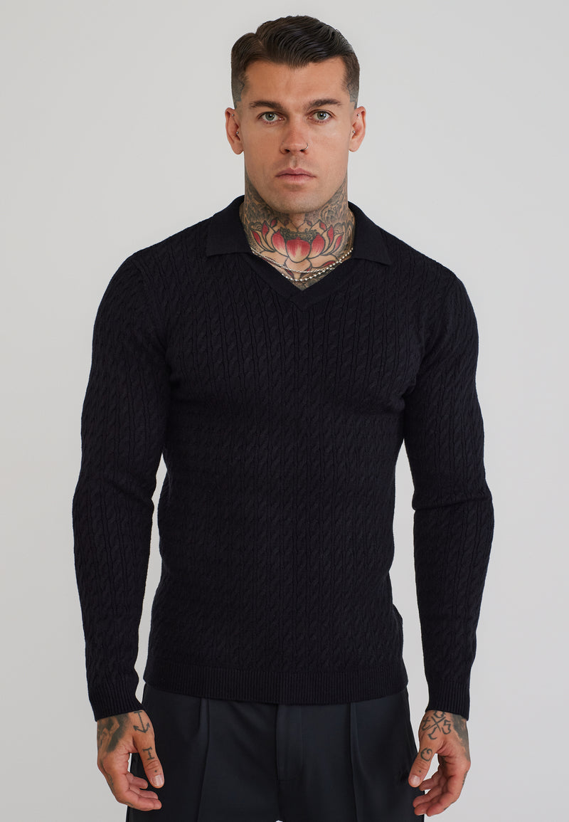 Black LS Knitted Polo T-Shirt