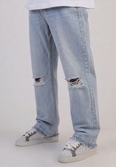 Washed Jasnoniebieskie Podarte Jeansy o Luźnym Kroju