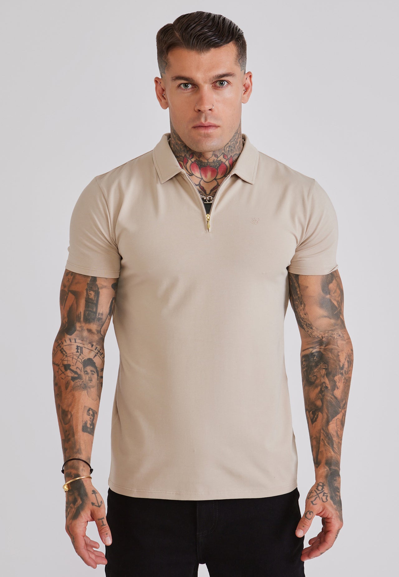 Beige Jersey Zip Polo T-Shirt