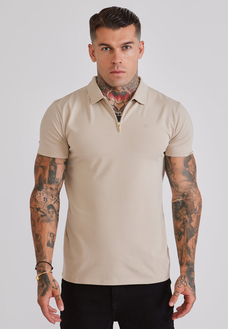 Beige Jersey Zip Polo T-Shirt