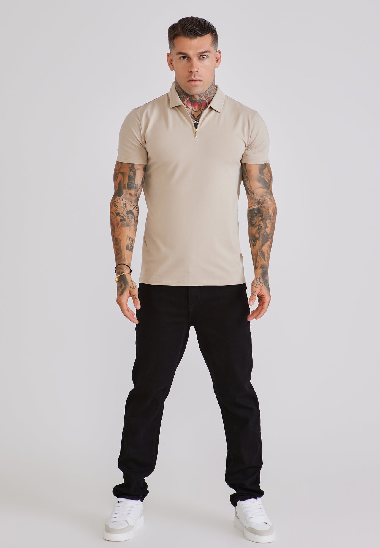 Beige Jersey Zip Polo T-Shirt (2)