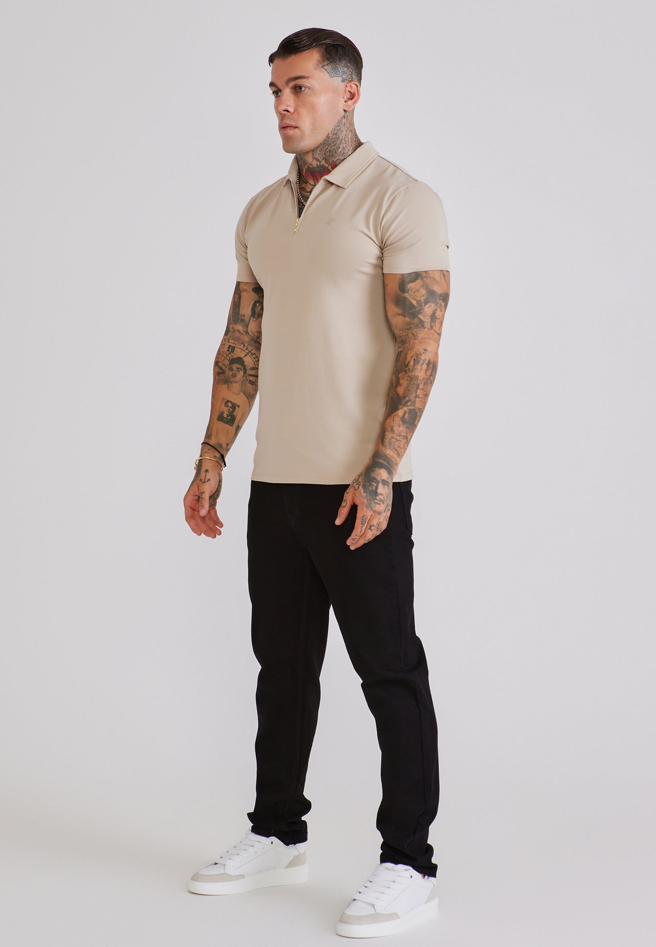 Beige Jersey Zip Polo T-Shirt (3)