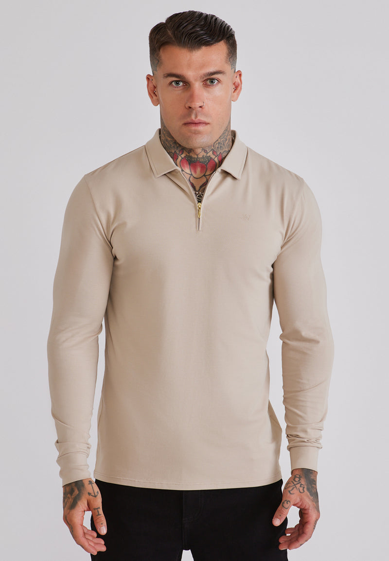 Beige LS Jersey Zip Polo T-Shirt