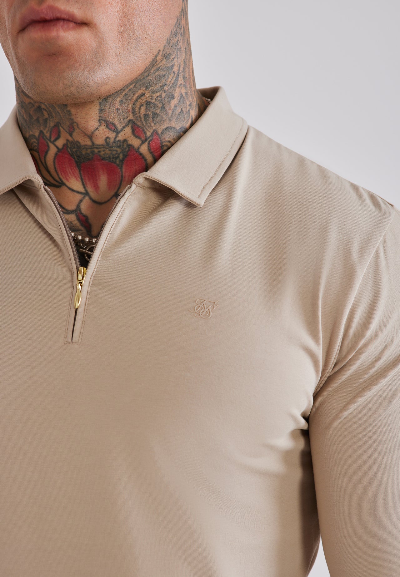 Beige LS Jersey Zip Polo T-Shirt (1)