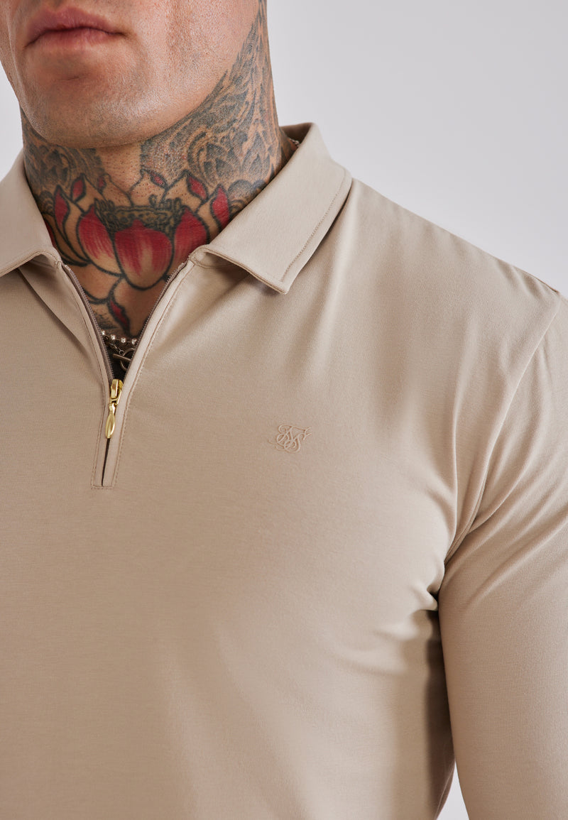 Beige LS Jersey Zip Polo T-Shirt (1)