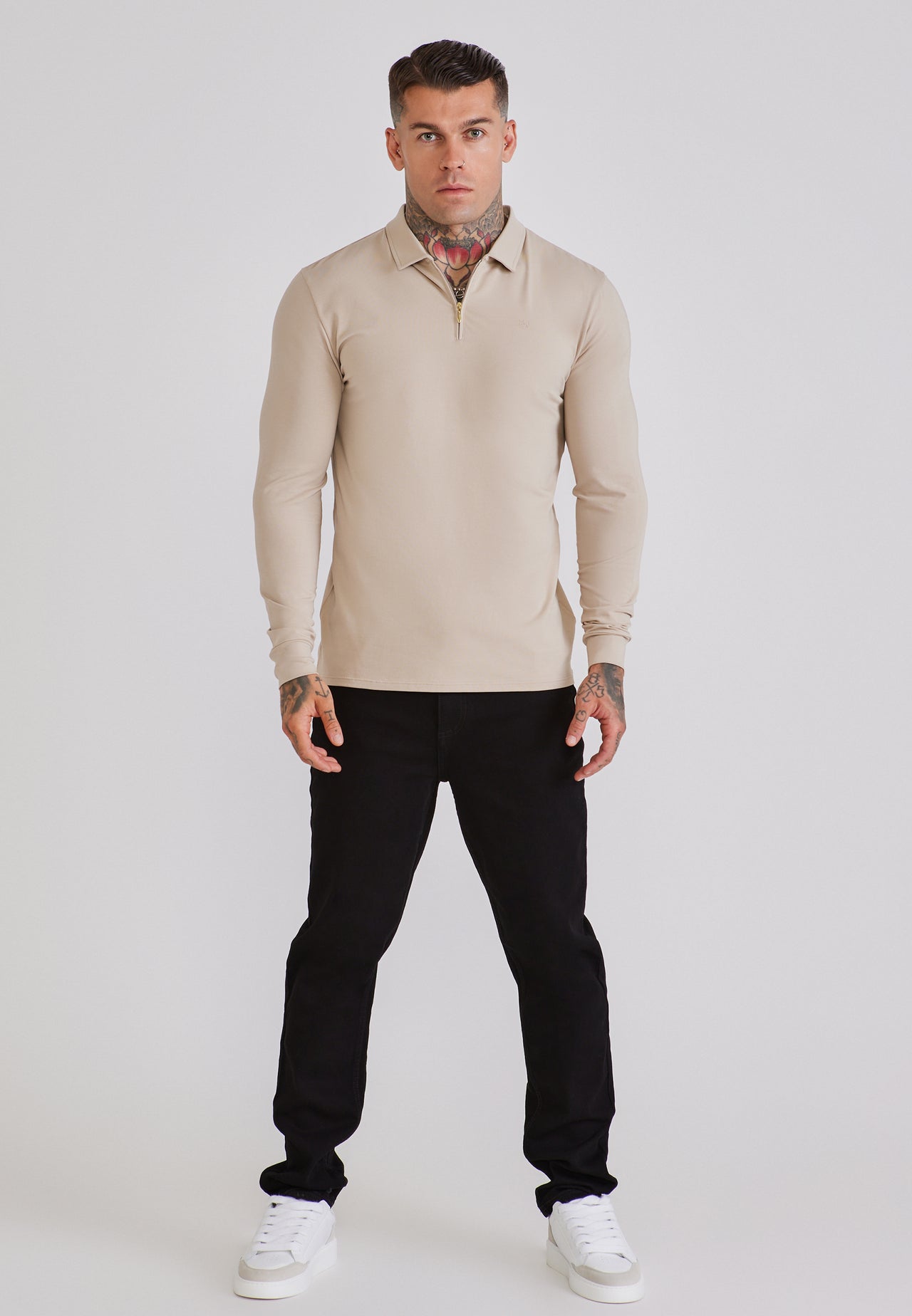 Beige LS Jersey Zip Polo T-Shirt (2)
