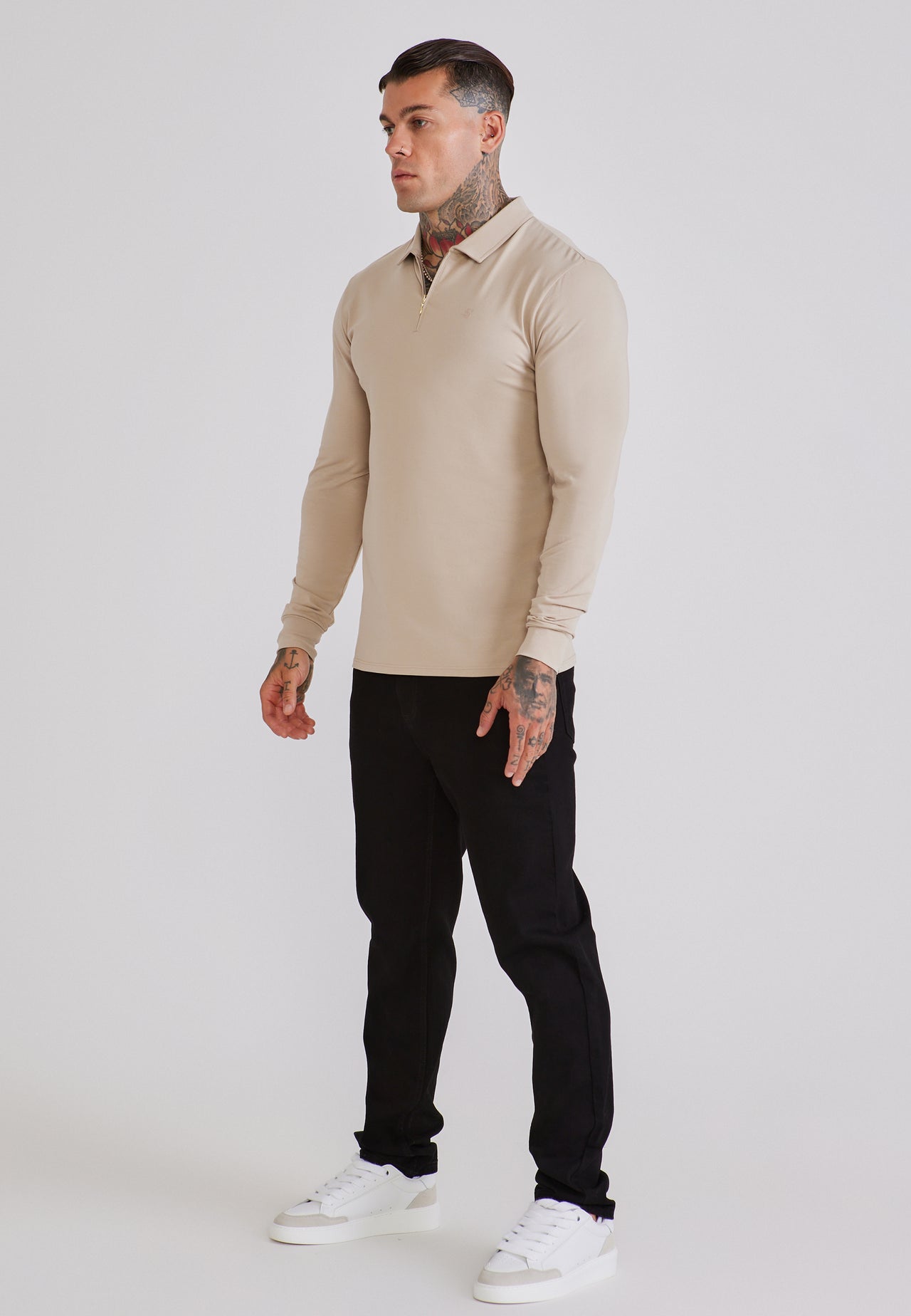 Beige LS Jersey Zip Polo T-Shirt (3)