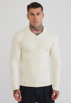 Ecru LS Knitted Polo T-Shirt