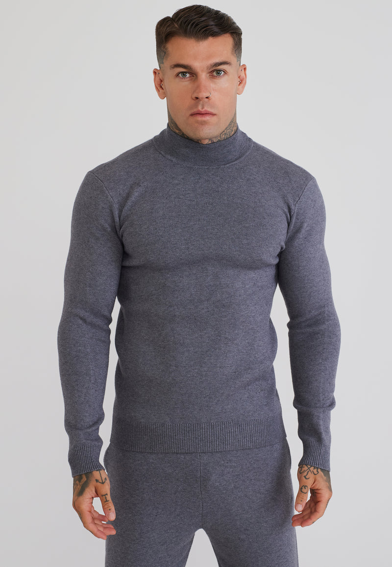 Grey Marl LS High Neck Knitted Sweater