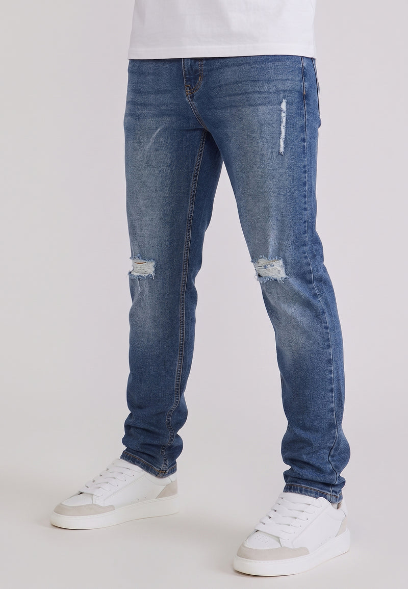 Washed Mid Blue Distressed Slim Fit Jeans