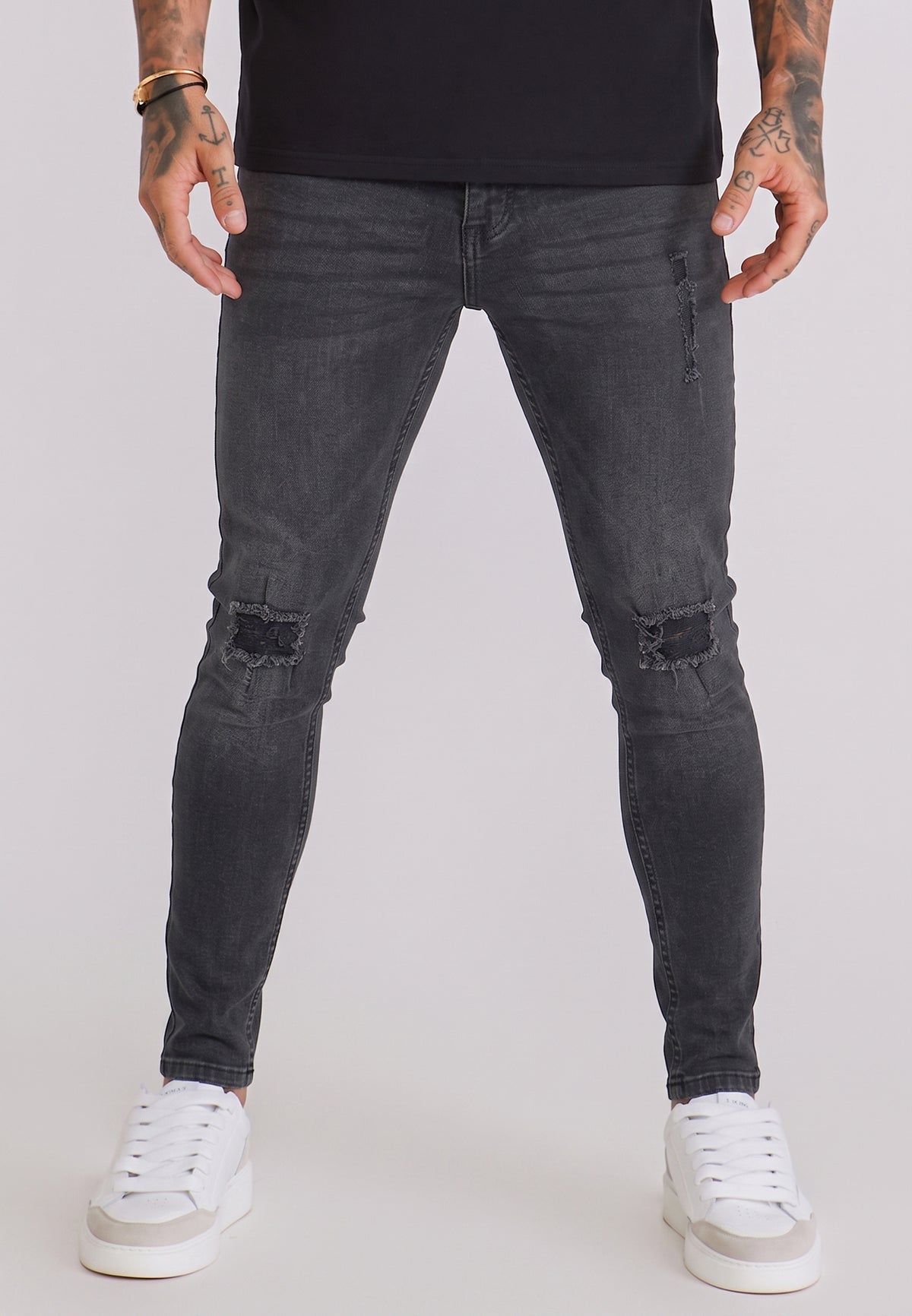 Washed Dark Grey Distressed Skinny Jeans