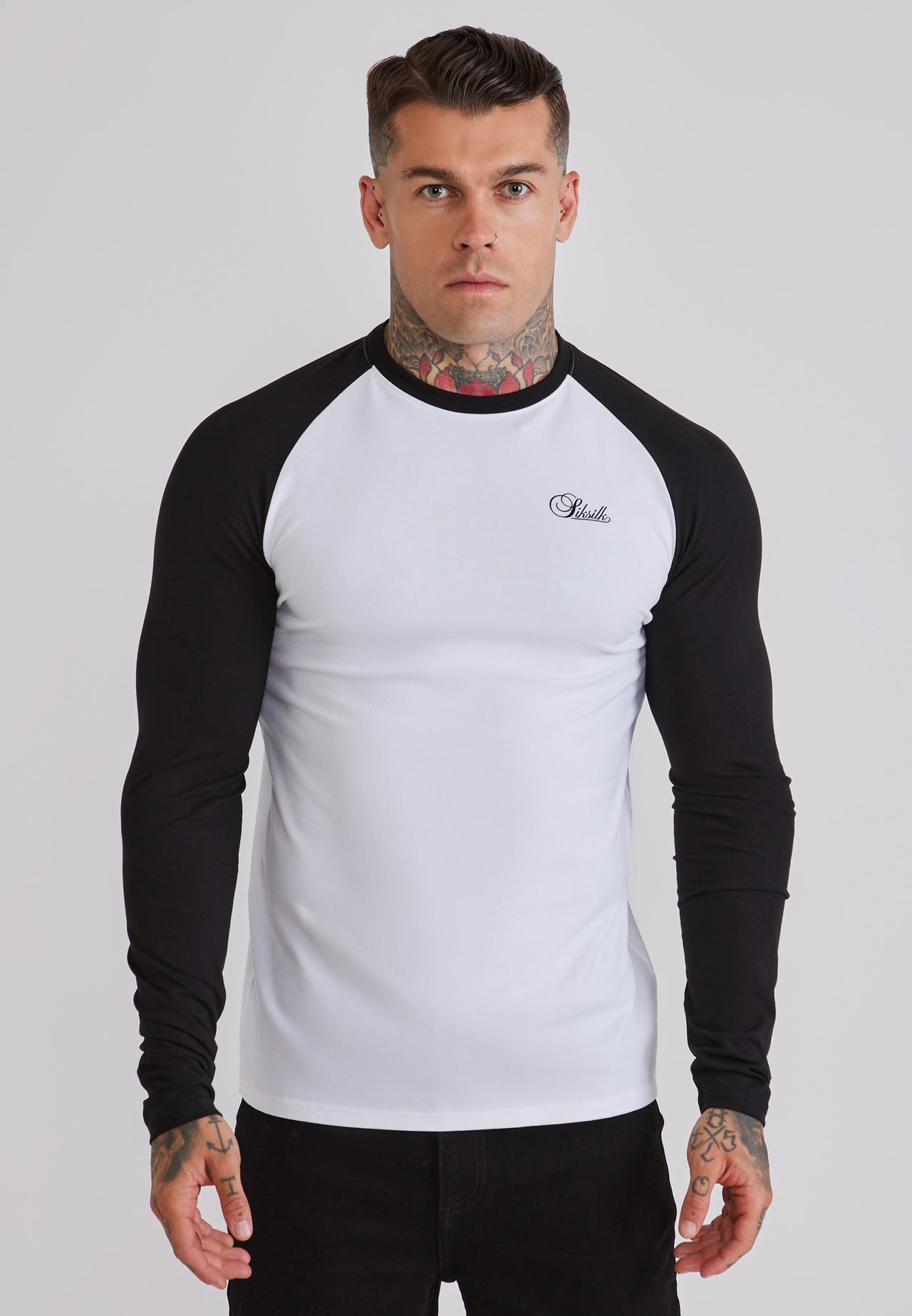 White and Black LS Muscle Fit T-Shirt