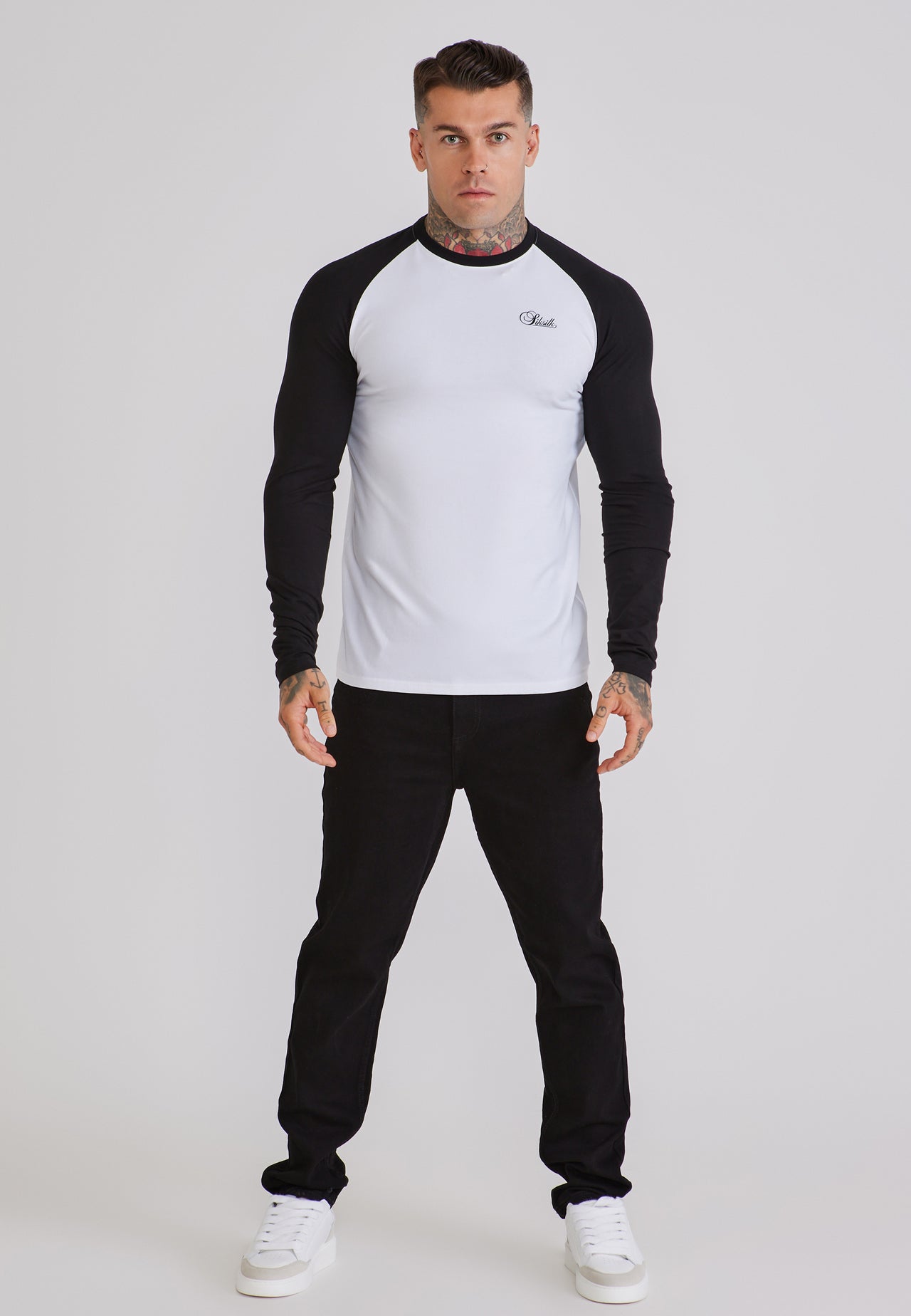 White and Black LS Muscle Fit T-Shirt (2)