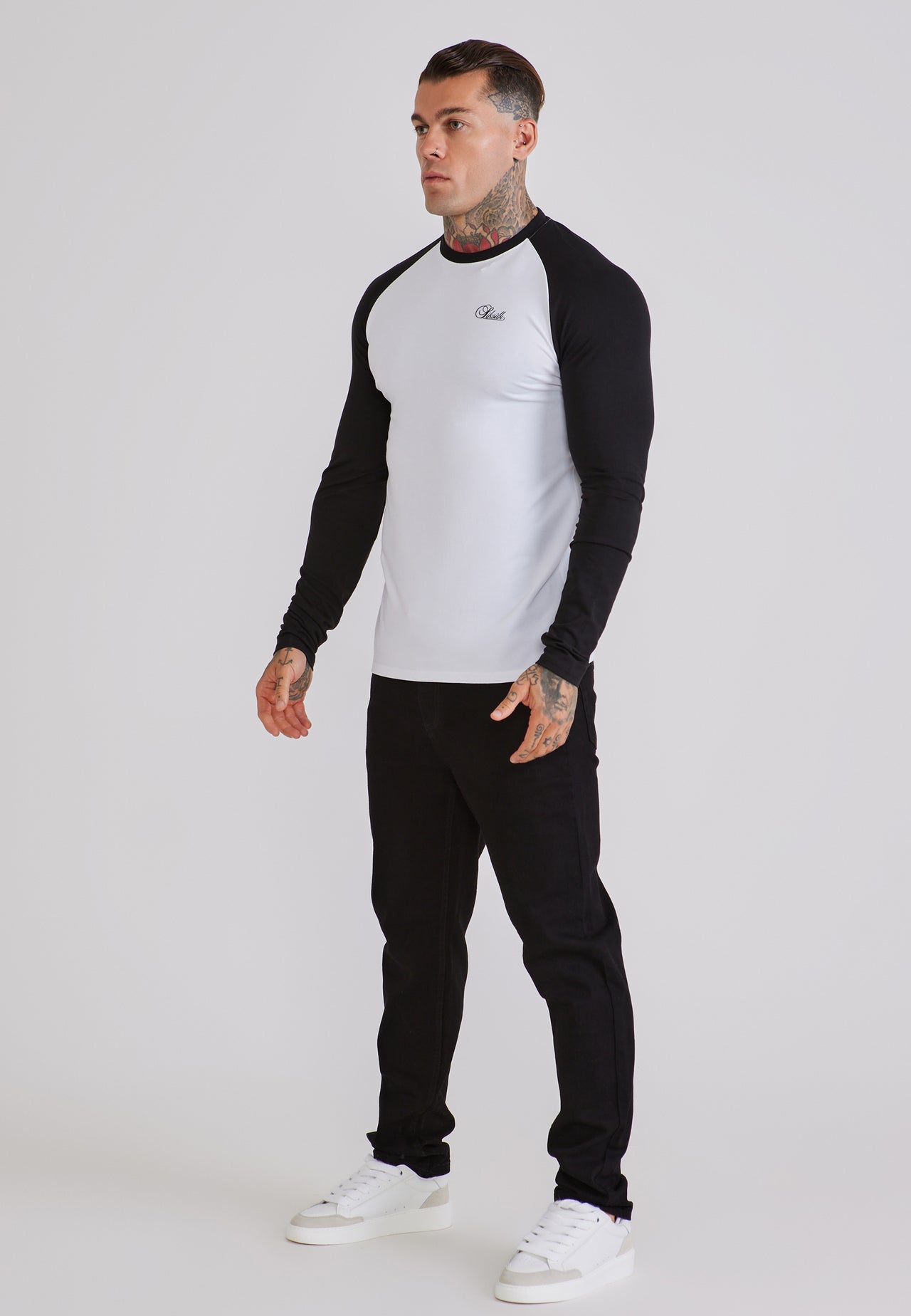 White and Black LS Muscle Fit T-Shirt (3)