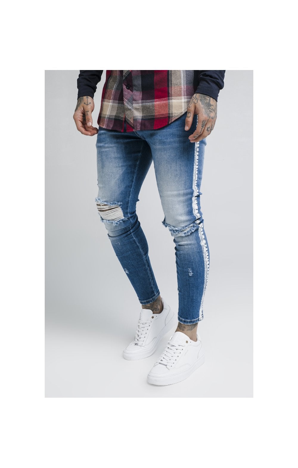 SikSilk Knee Burst Paint Stripe Denims - Midstone