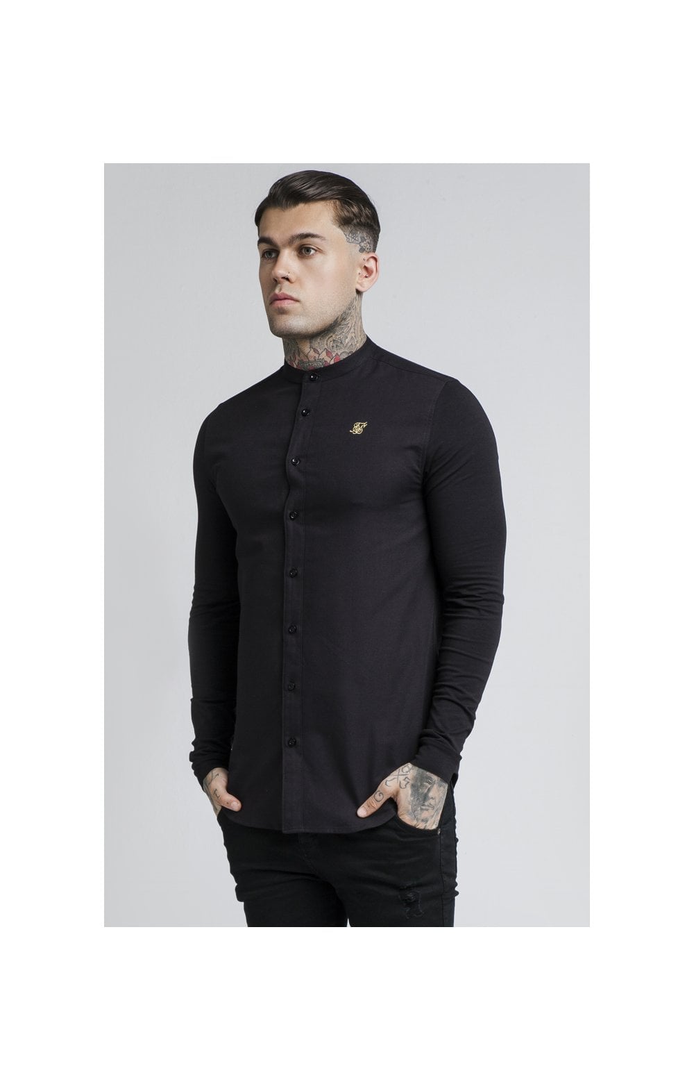 SikSilk L/S Grandad Shirt – Black