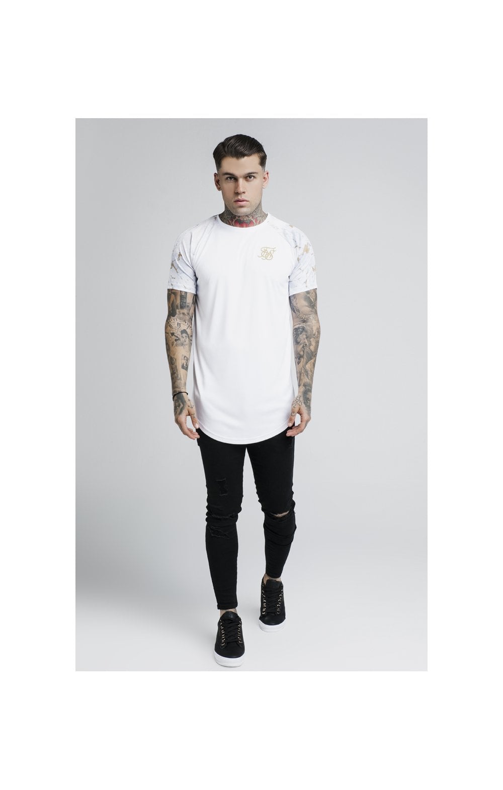 SikSilk S/S Marbleise Raglan Curved Hem Tee - White & Light Grey (2)