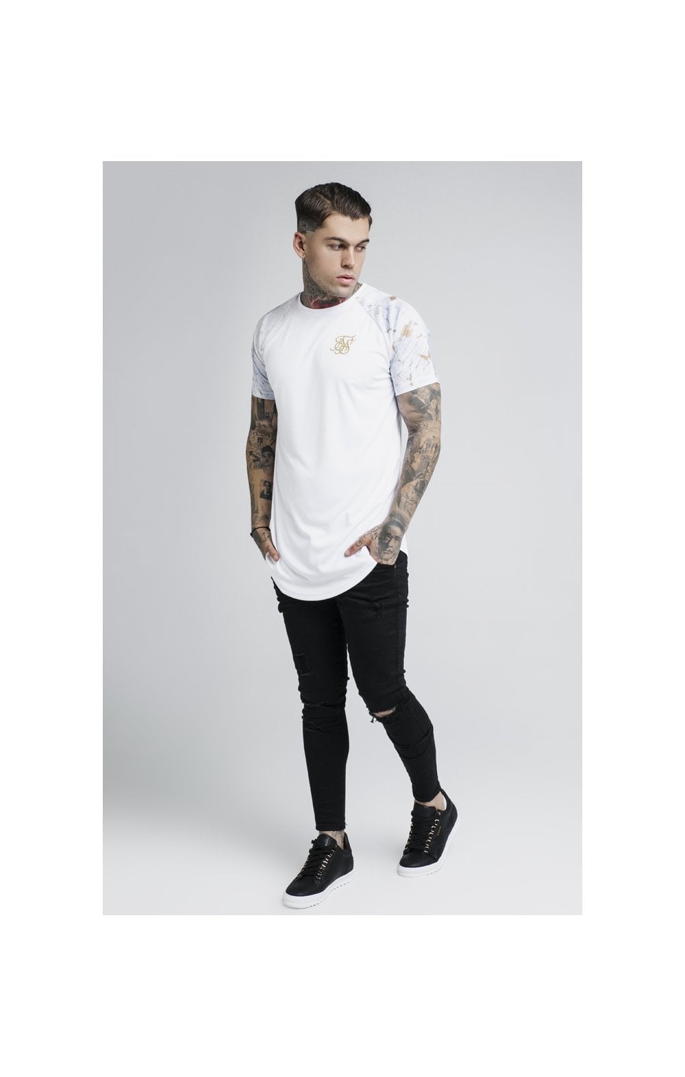 SikSilk S/S Marbleise Raglan Curved Hem Tee - White & Light Grey (3)