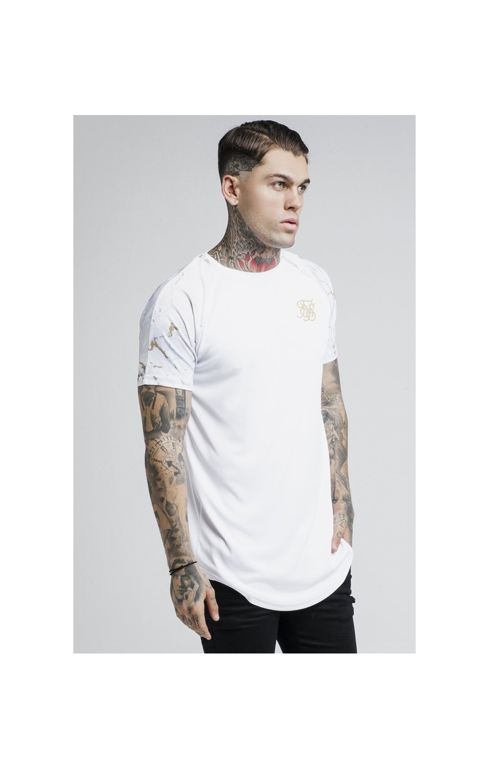 SikSilk S/S Marbleise Raglan Curved Hem Tee - White & Light Grey (1)