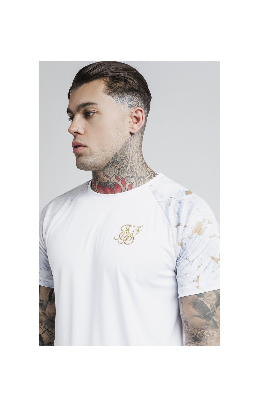 SikSilk S/S Marbleise Raglan Curved Hem Tee - White & Light Grey