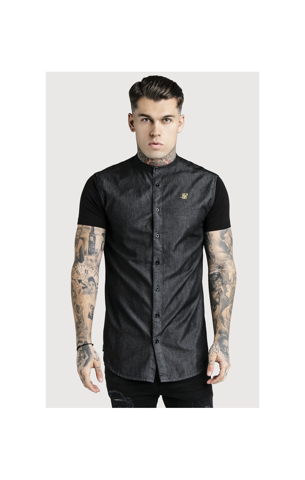 SikSilk Grandad Collar Jersey Sleeve Fitted Shirt – Black SikSilk NZ