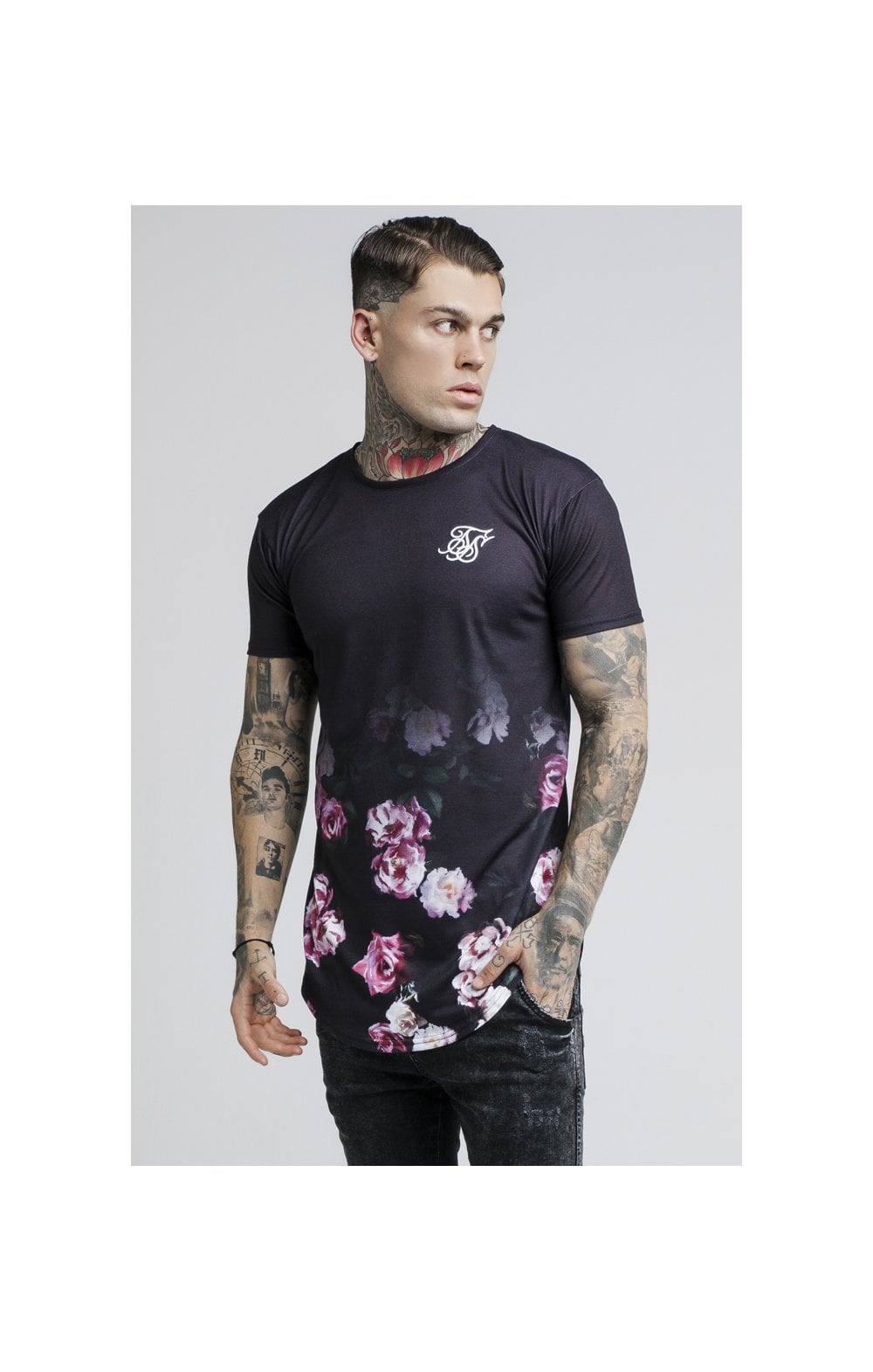 SikSilk S/S Oil Paint Fade Curved Hem Tee – Black