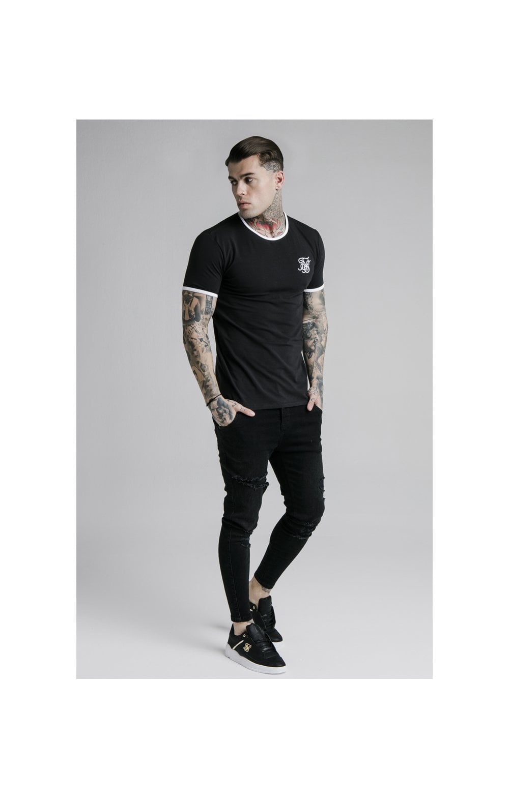 SikSilk Straight Hem Ringer Tee – Black & White (1)