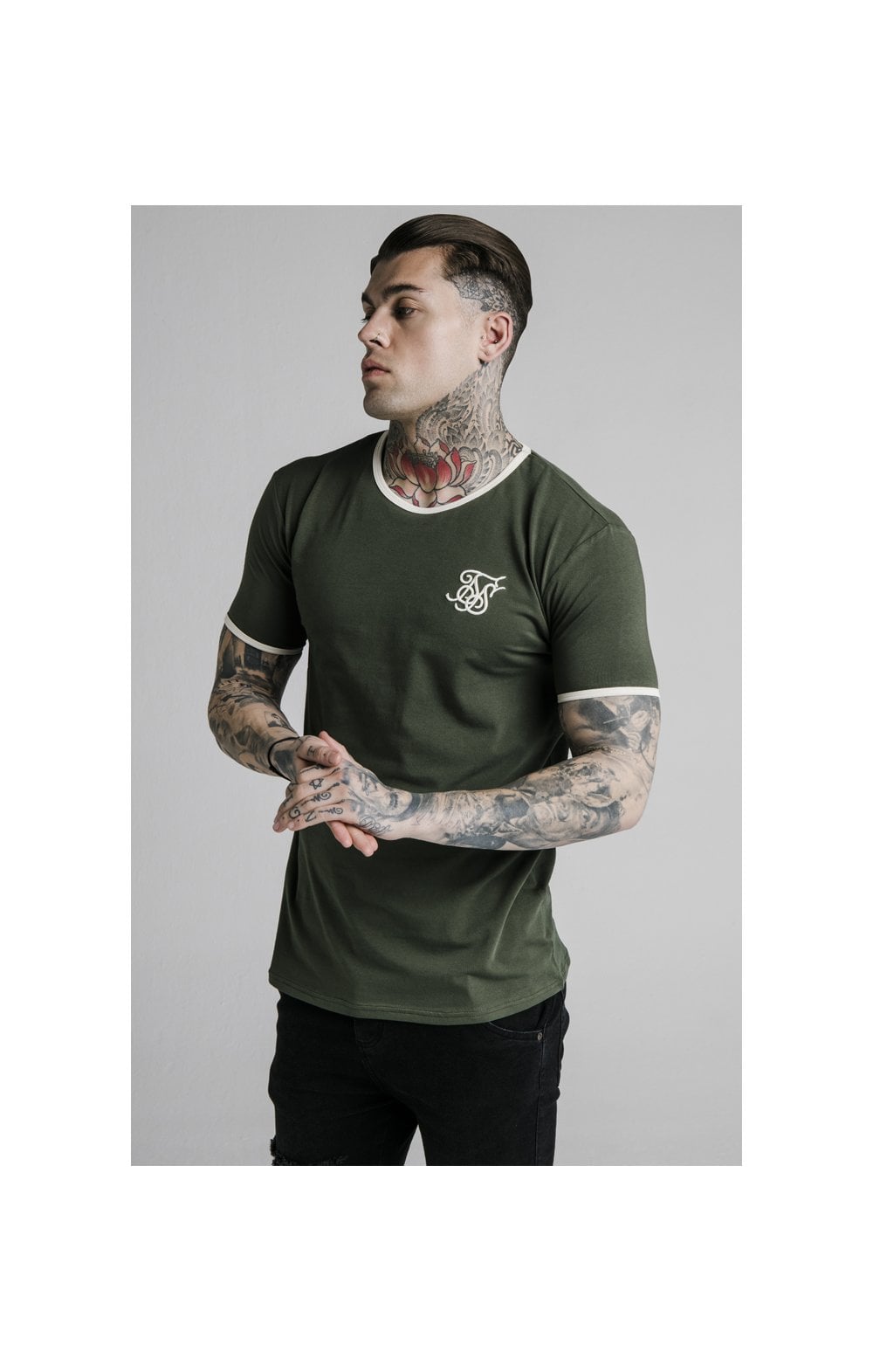 Load image into Gallery viewer, SikSilk Straight Hem Ringer Tee – Khaki &amp; Off White