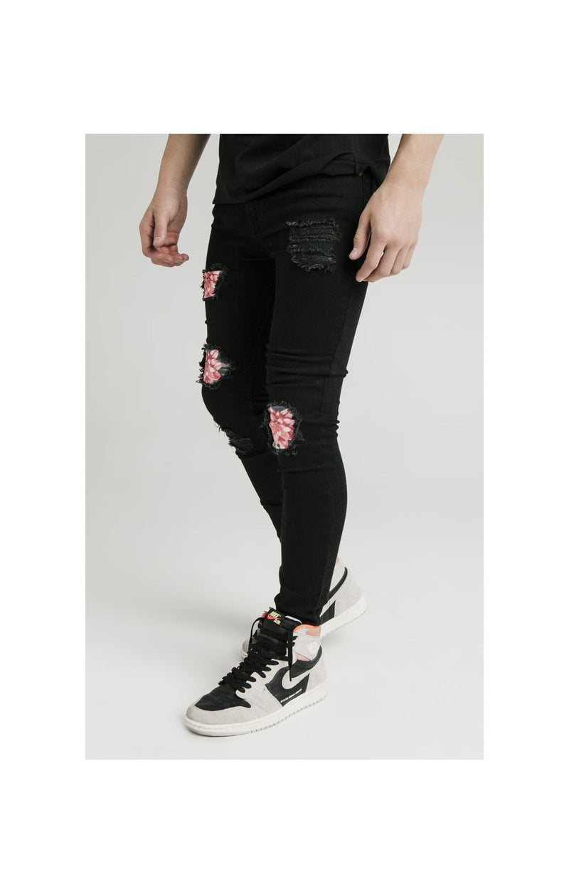 Illusive London Distressed Floral Patch Jeans - Black & Floral