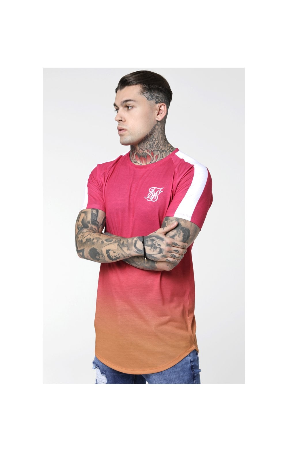 SikSilk Curved Hem Raglan Fade Tee - Orange & Pink