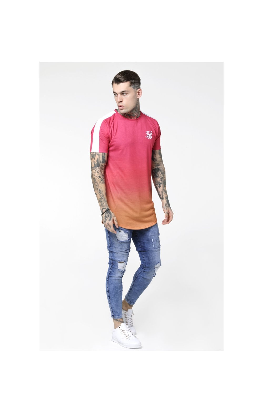 SikSilk Curved Hem Raglan Fade Tee - Orange & Pink (2)