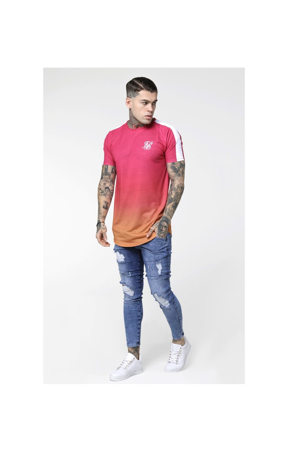 SikSilk Curved Hem Raglan Fade Tee - Orange & Pink (3)