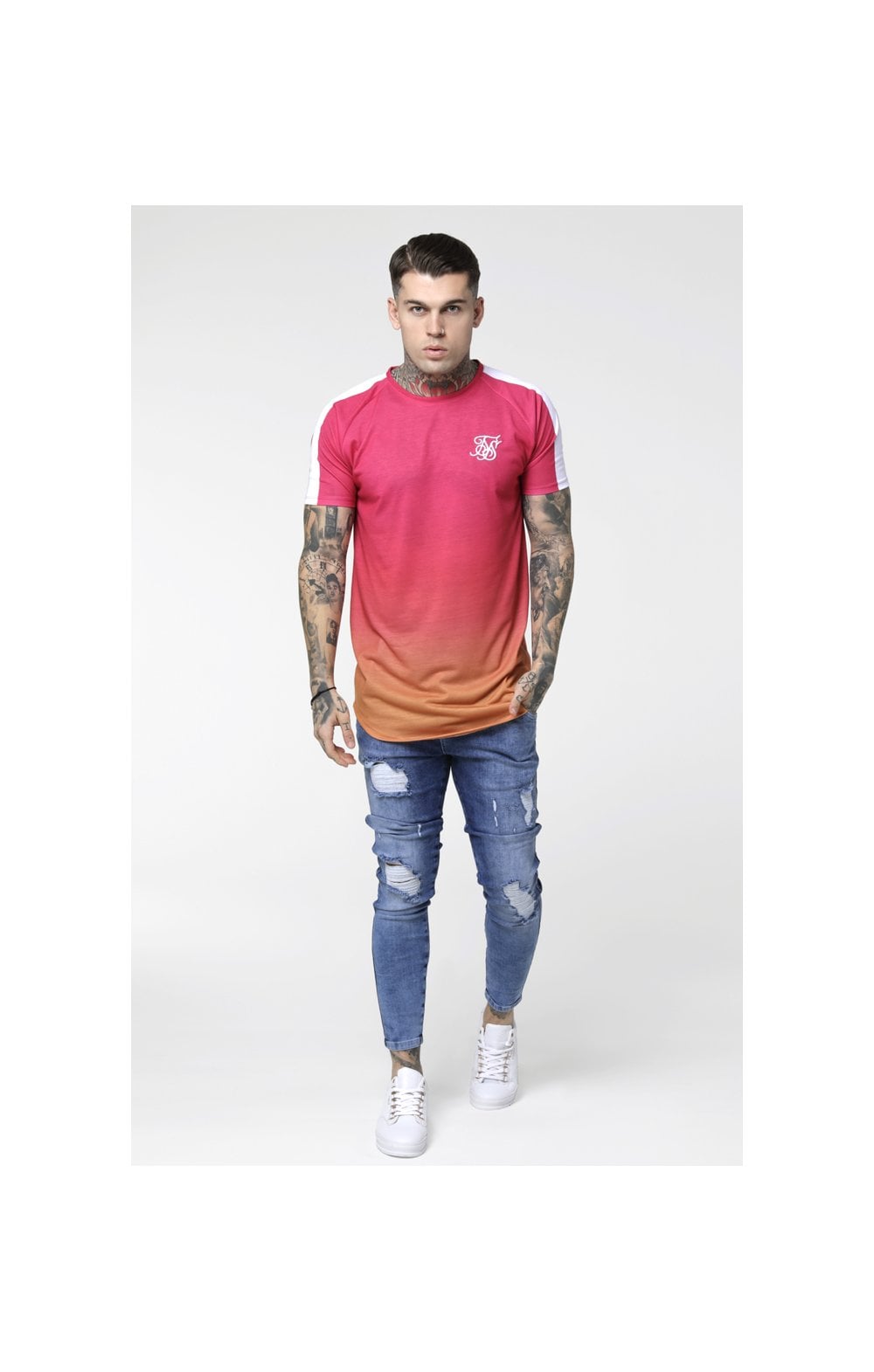 SikSilk Curved Hem Raglan Fade Tee - Orange & Pink (4)