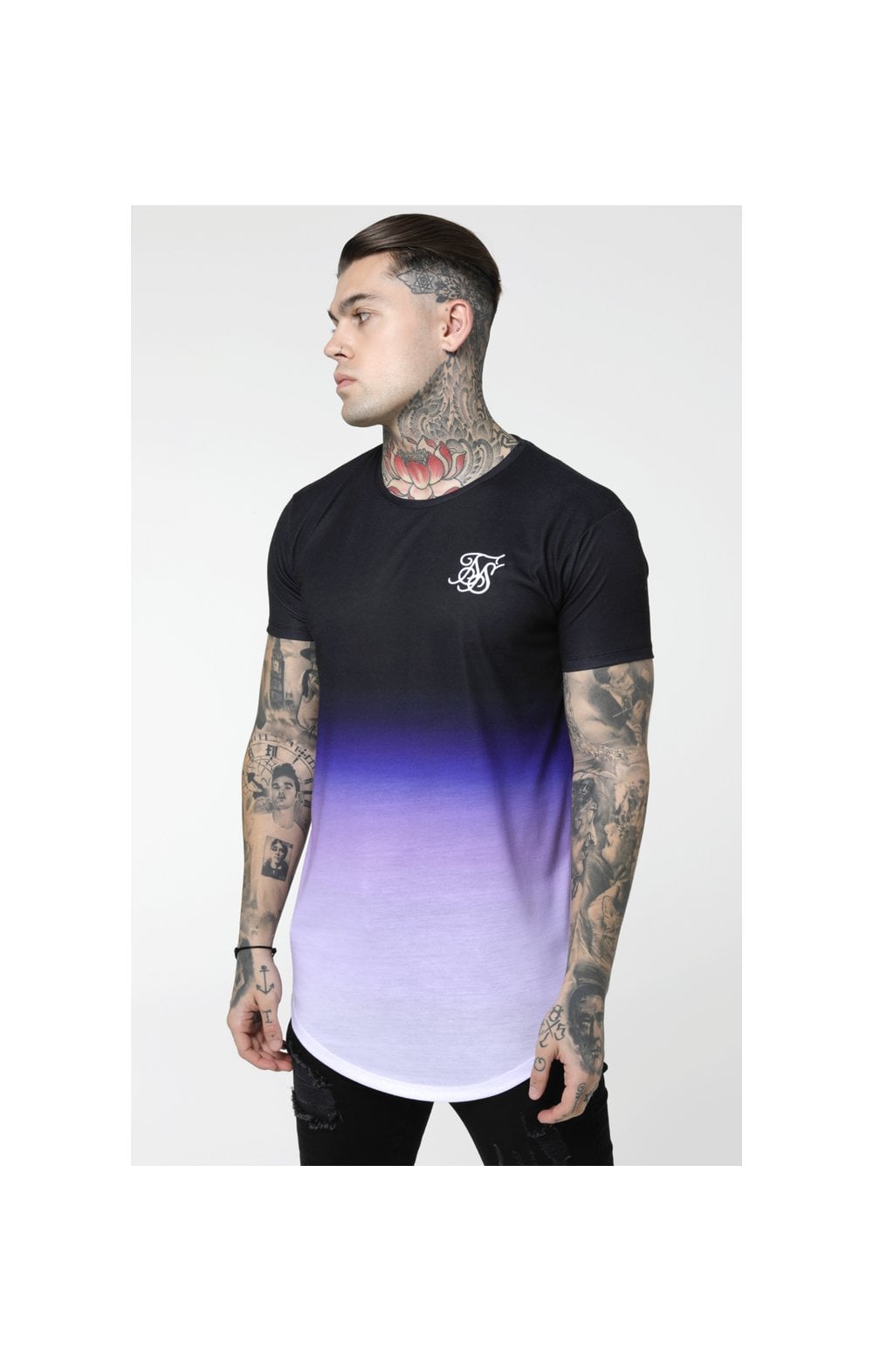 SikSilk Curved Hem Fade Tee - Black,Purple & White