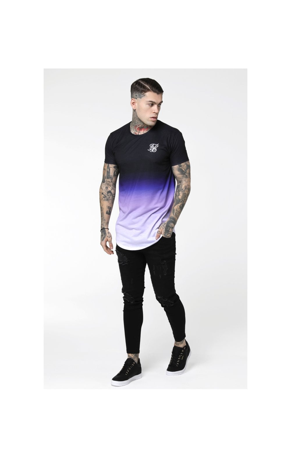Load image into Gallery viewer, SikSilk Curved Hem Fade Tee - Black,Purple &amp; White (3)