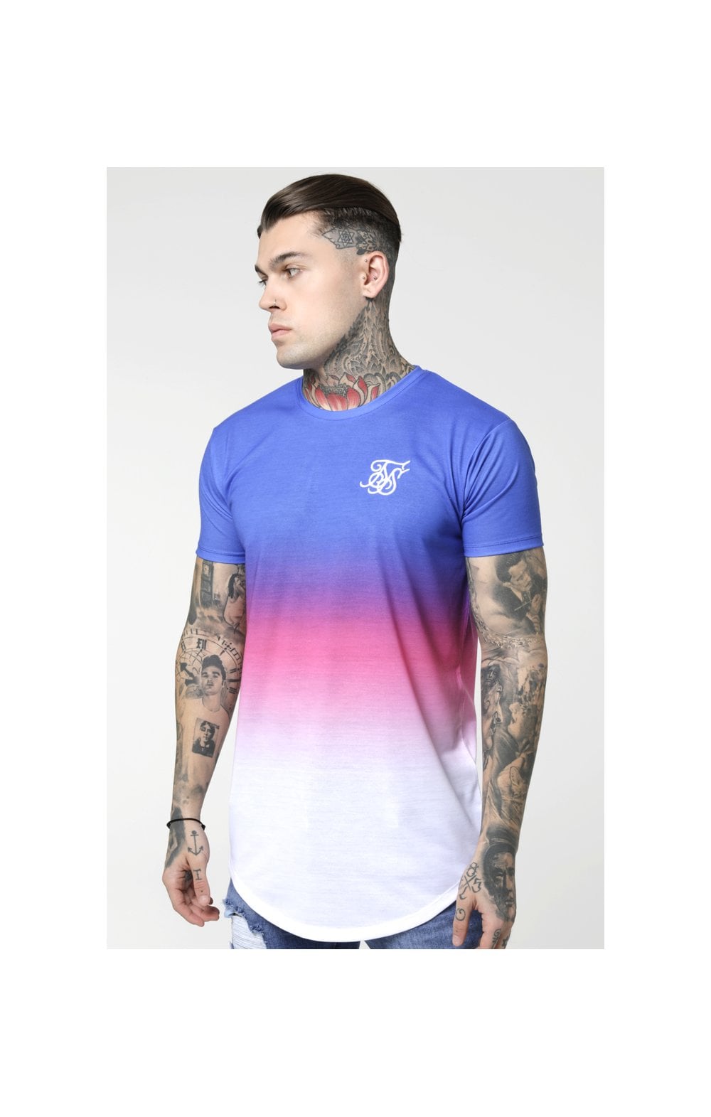 SikSilk Curved Hem Fade Tee - Blue,Pink & White