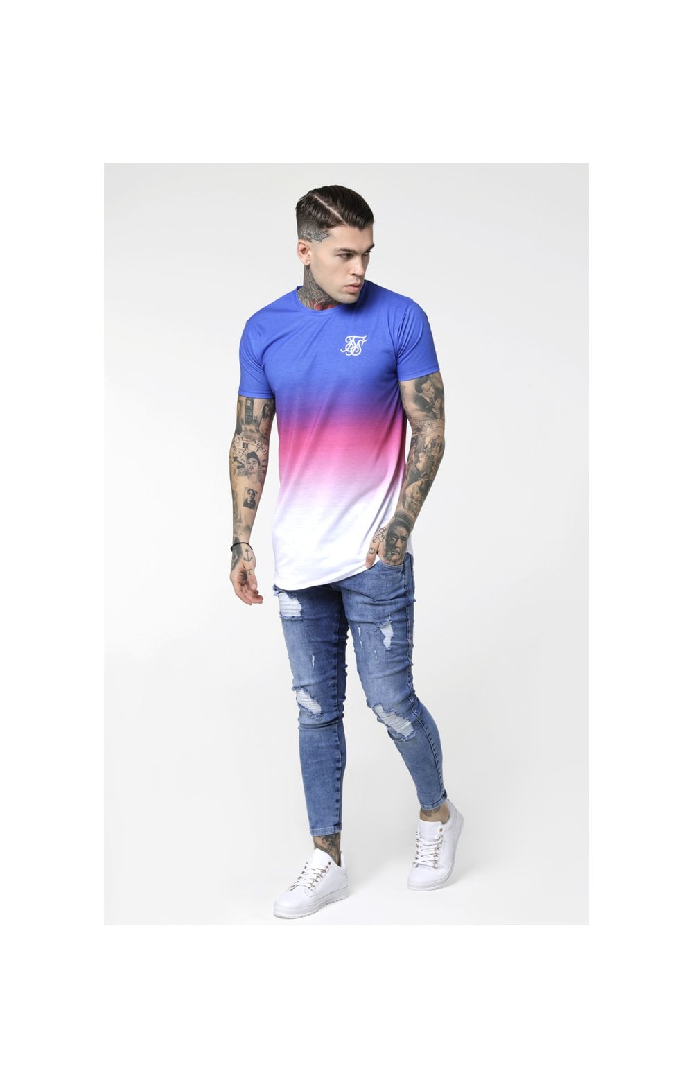 SikSilk Curved Hem Fade Tee - Blue,Pink & White (2)