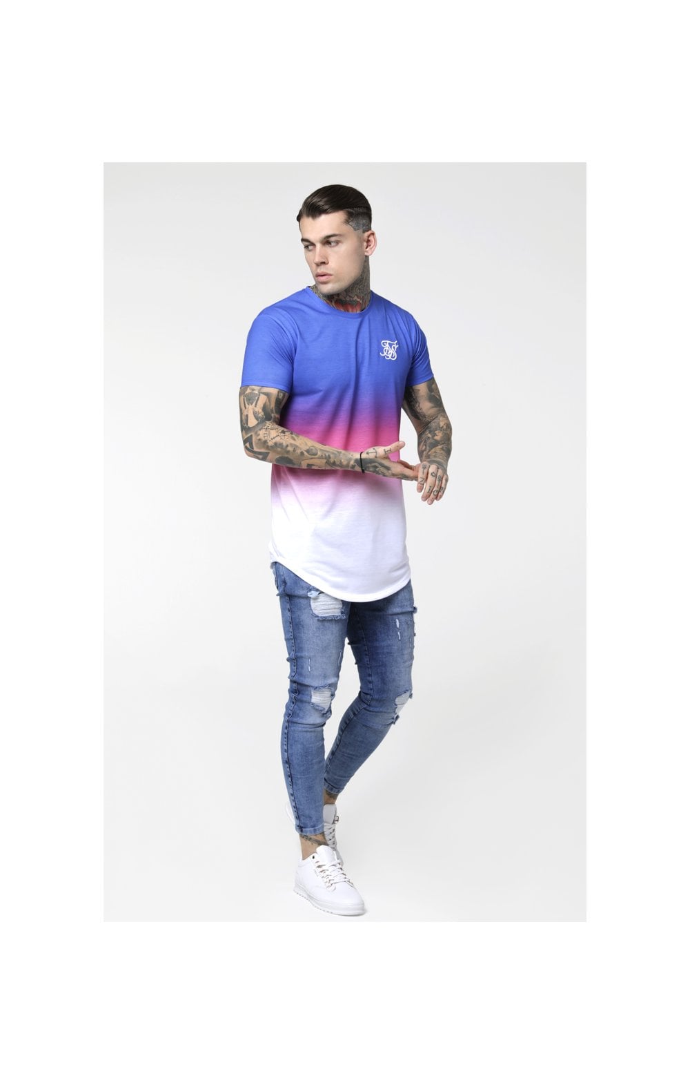 SikSilk Curved Hem Fade Tee - Blue,Pink & White (3)