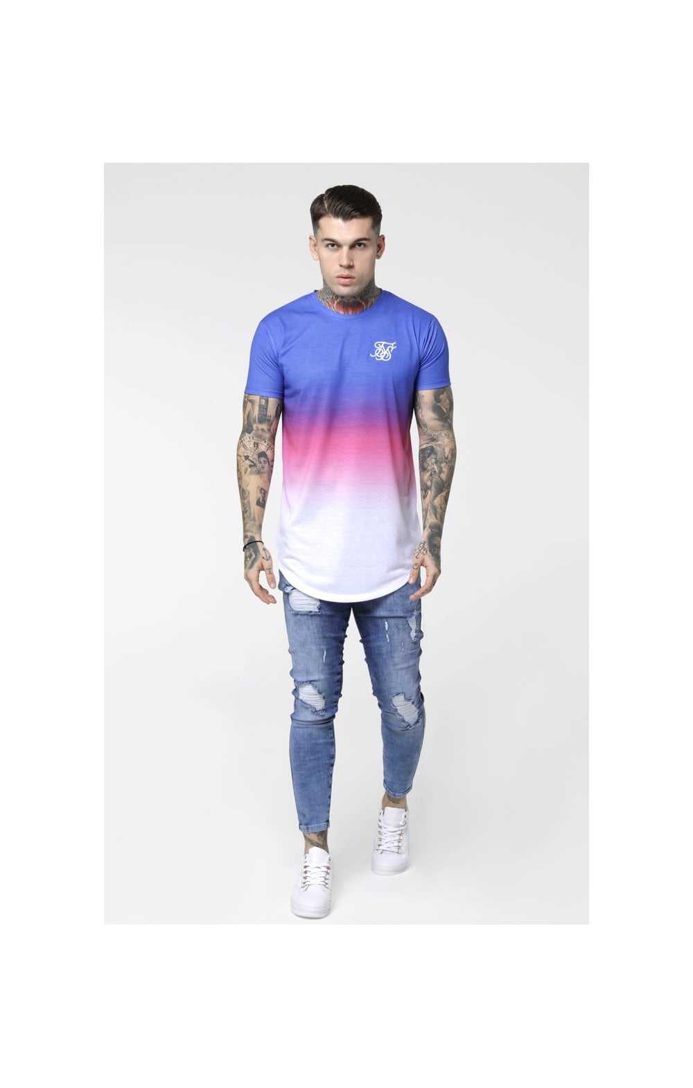 Load image into Gallery viewer, SikSilk Curved Hem Fade Tee - Blue,Pink &amp; White (4)