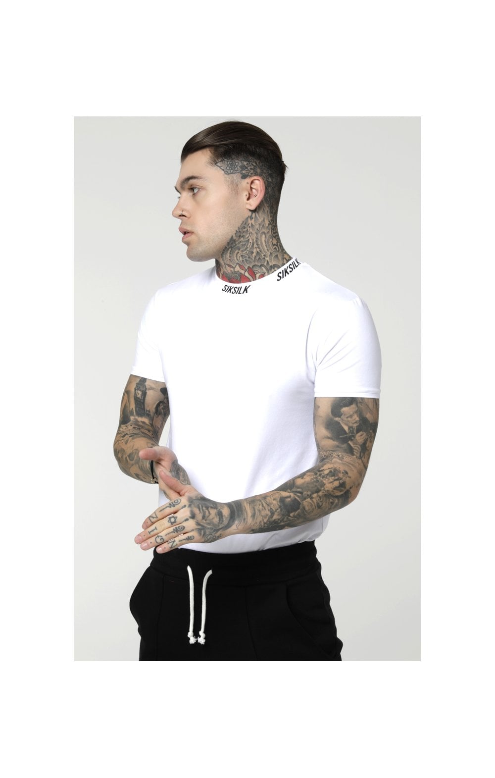 SikSilk S/S High Collar Logo Tee - White