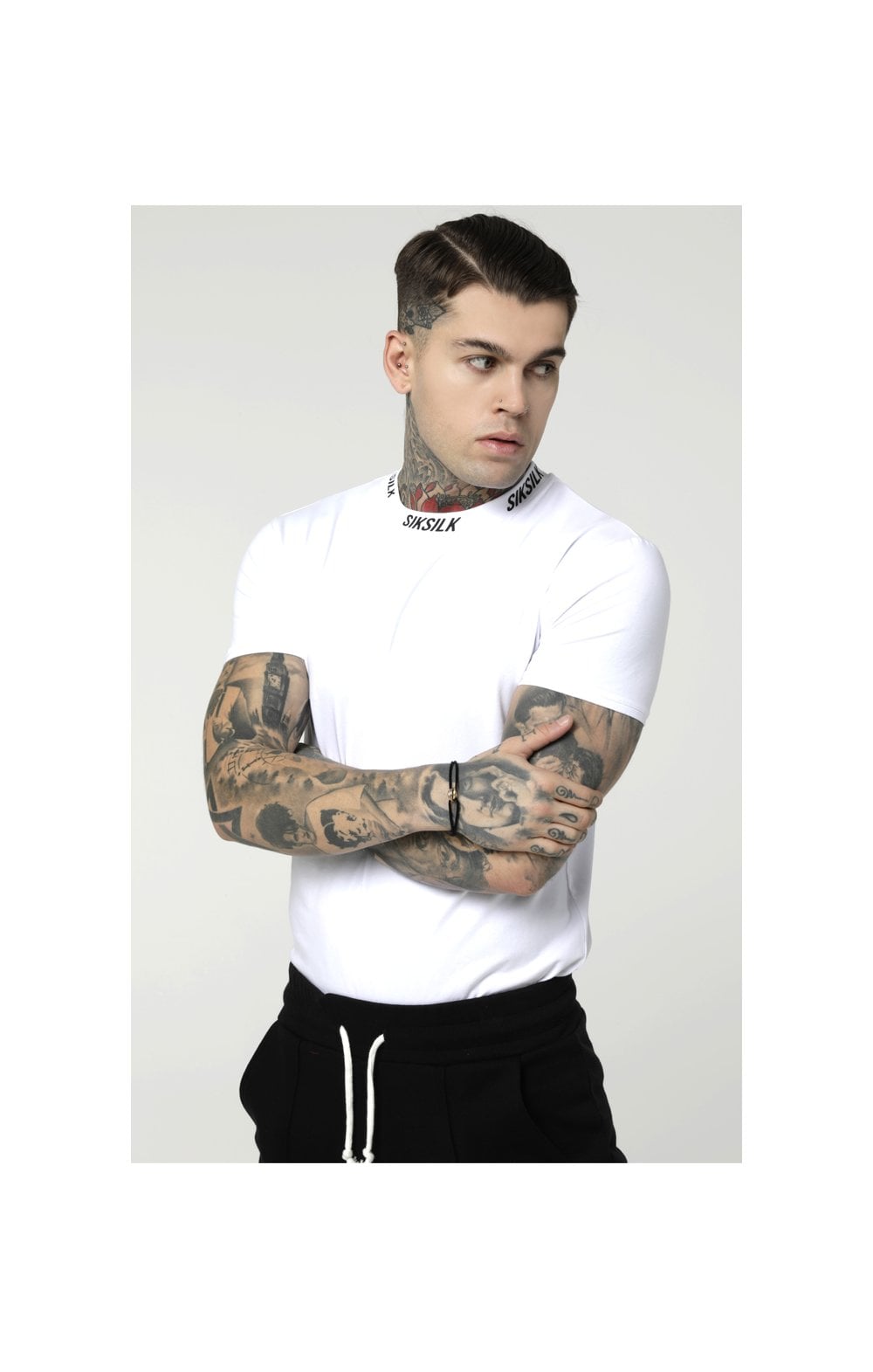 SikSilk S/S High Collar Logo Tee - White (1)