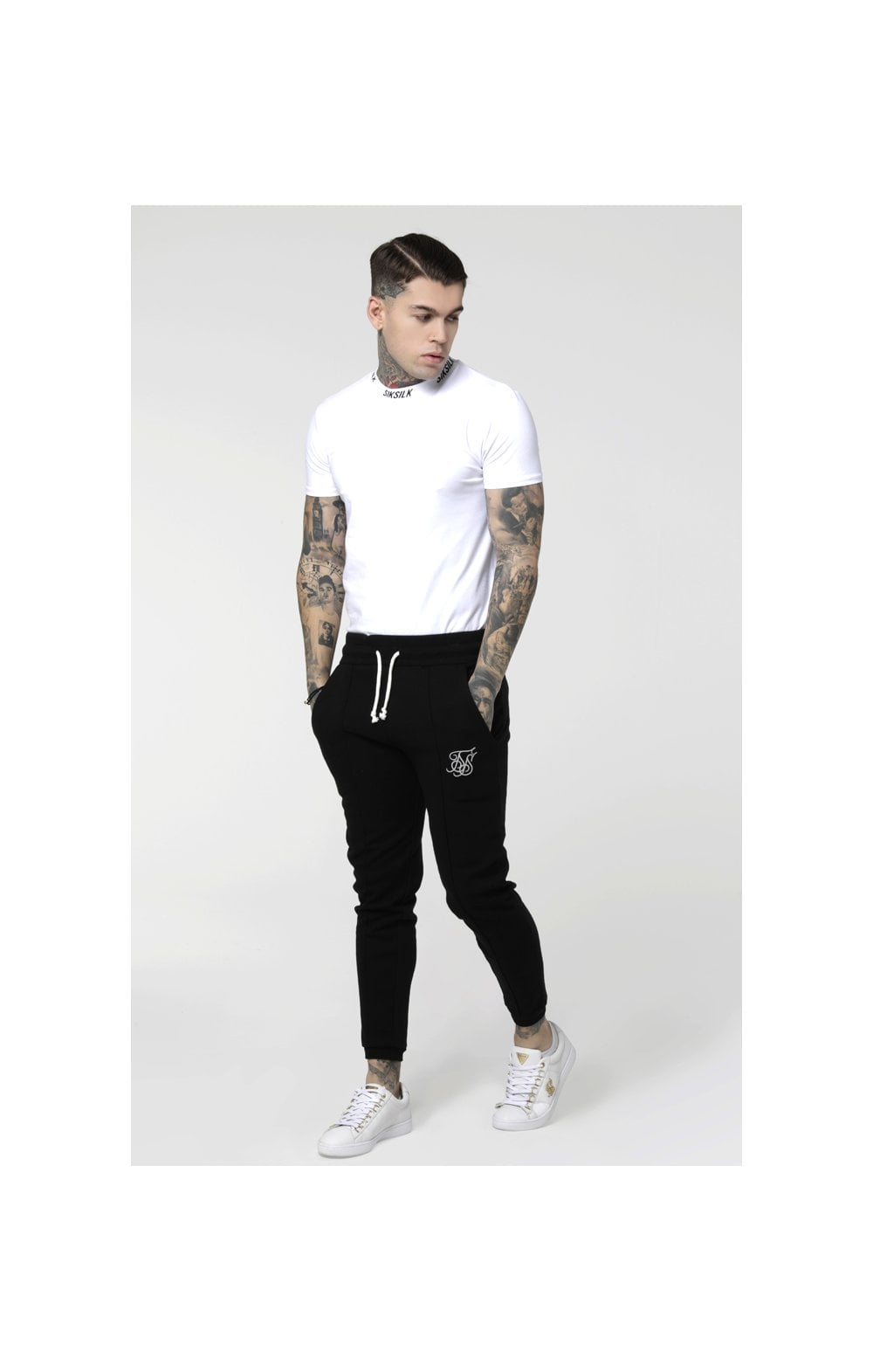 SikSilk S/S High Collar Logo Tee - White (2)