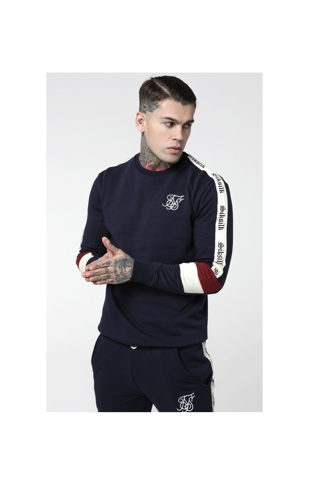 Load image into Gallery viewer, SikSilk Retro Panel Tape Crew Sweater - Navy,Red &amp; Off White (2)