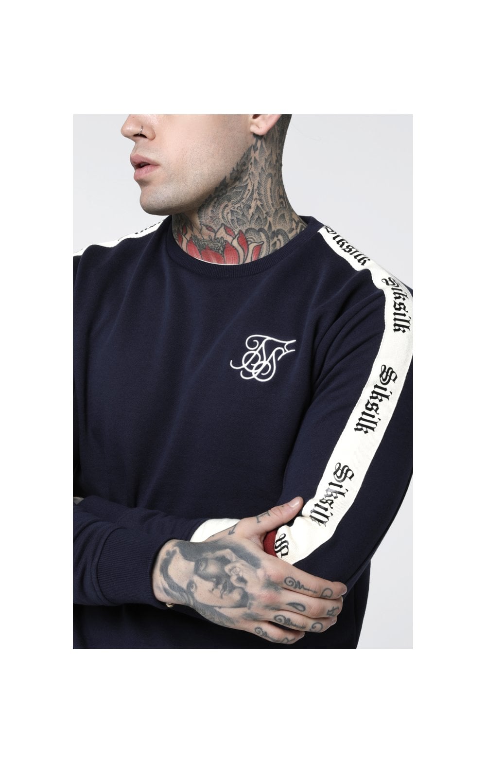 Load image into Gallery viewer, SikSilk Retro Panel Tape Crew Sweater - Navy,Red &amp; Off White