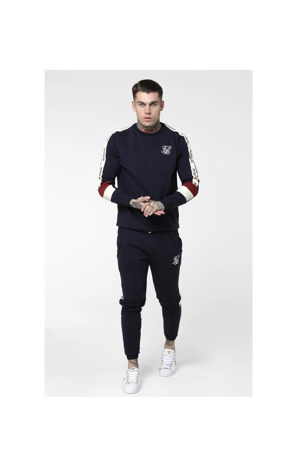Load image into Gallery viewer, SikSilk Retro Panel Tape Crew Sweater - Navy,Red &amp; Off White (1)