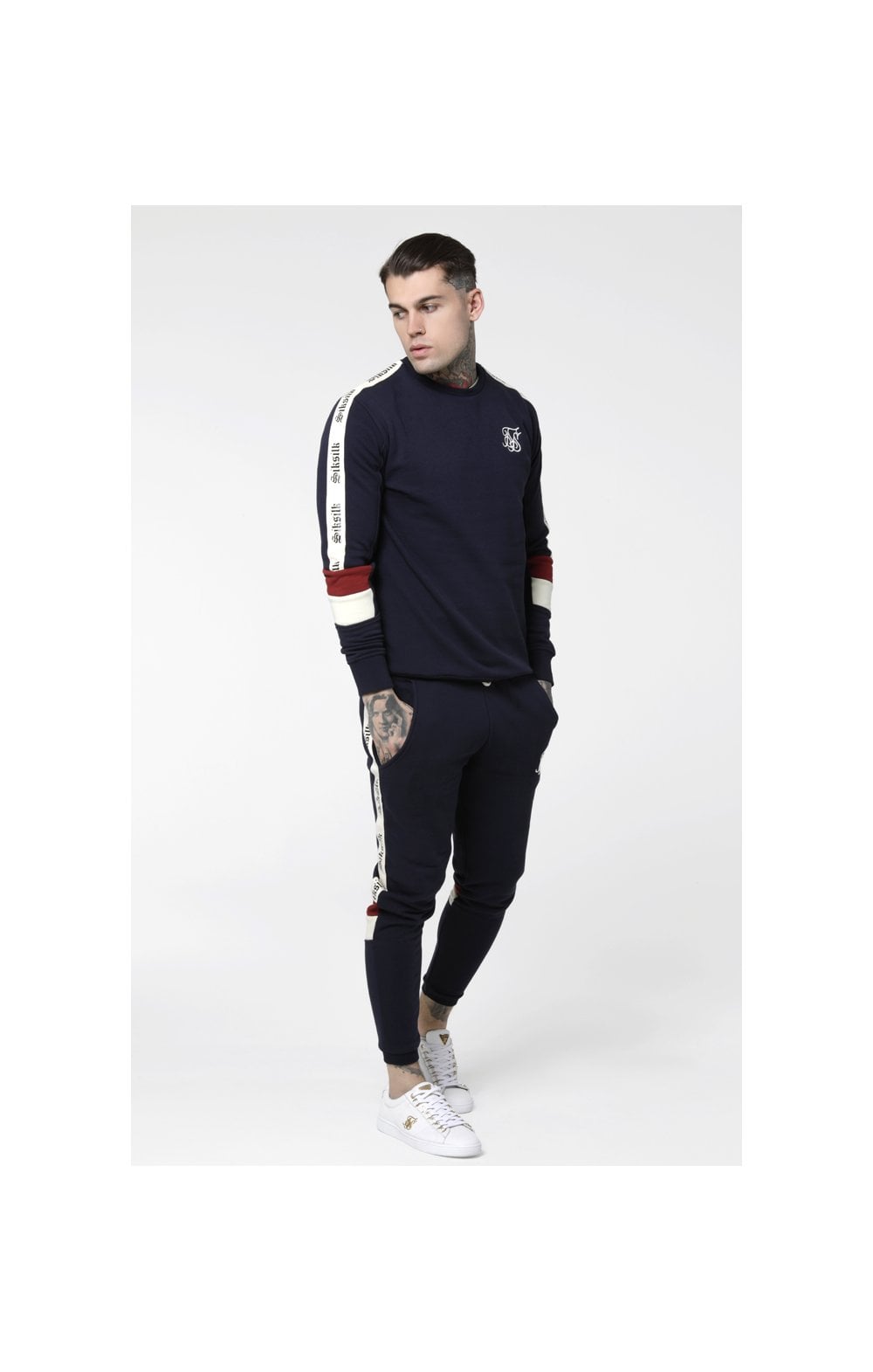 Load image into Gallery viewer, SikSilk Retro Panel Tape Crew Sweater - Navy,Red &amp; Off White (3)